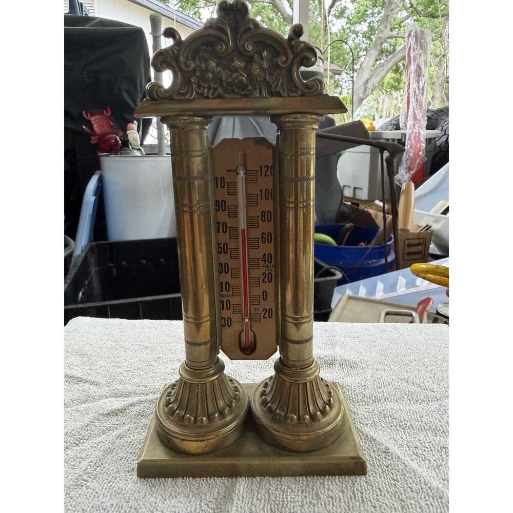 Antique Brass Tabletop Thermometer 19th Century